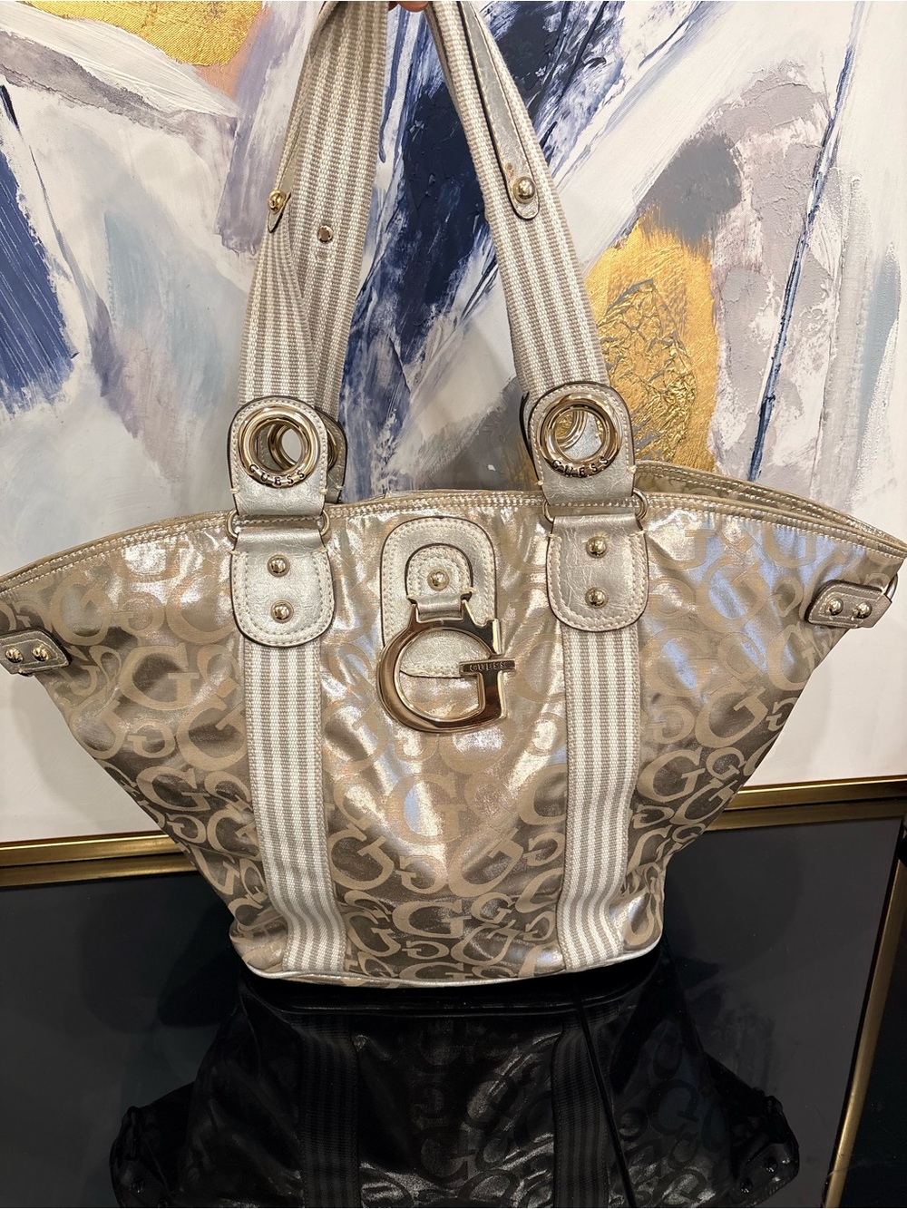 Vintage Guess Metallic Champagne Logo Tote with Signature G Hardware